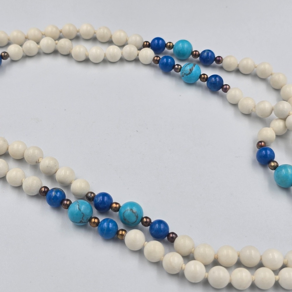 Vintage Beaded Necklace Turquoise Lapis Lazuli Natural White Hetian Nephrite - Picture 9 of 12